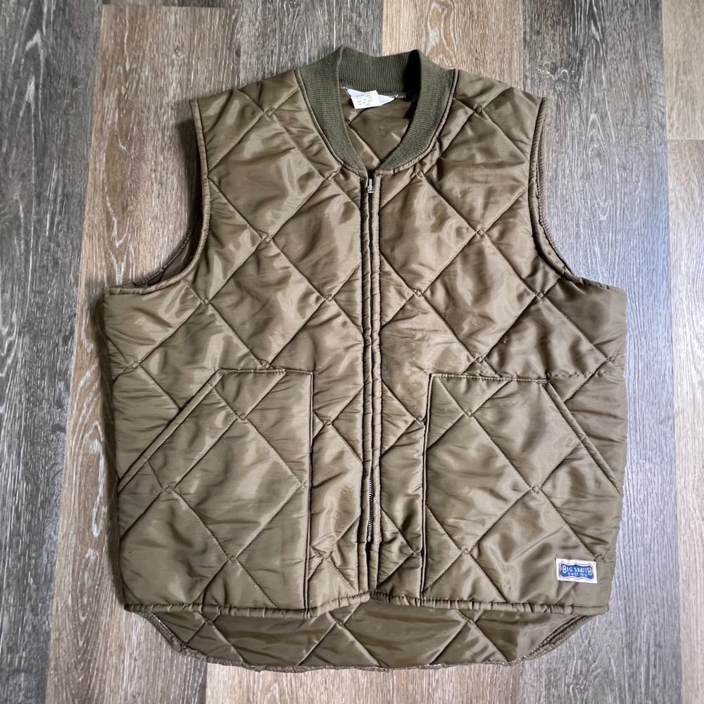 Big Smith Quilted Puffer Vest Mens Large Olive Green Vintage Made In USA Zip Up